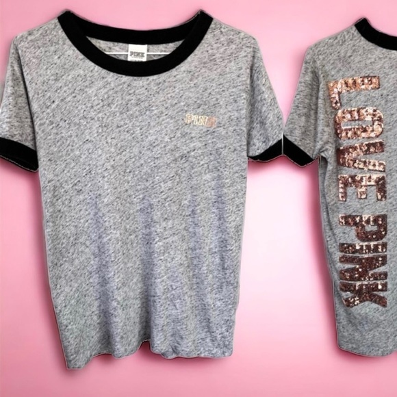 PINK Victoria’s Secret • Gray & Rose Gold Sequin PINK Tee Size Small - Picture 1 of 6